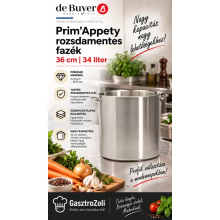 Fazék 36 liter, 36 cm, Prim Appety, de Buyer, rozsdamentes, szendvicstalpas