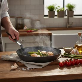 La Lyonnaise 28 cm-es kékvas serpenyő – de Buyer acélserpenyő nagy adagok pirításához