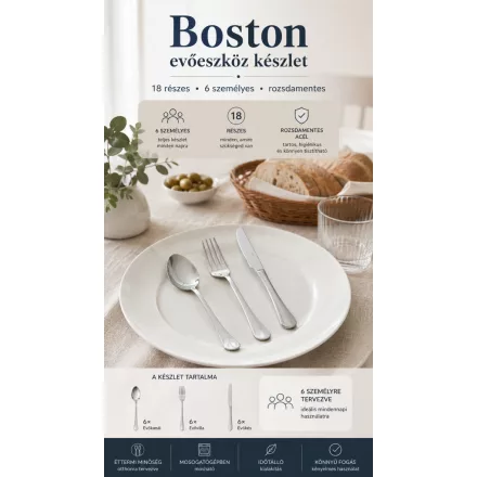 Evőeszköz készlet 18 részes (6 személyes) rozsdamentes éttermi evőeszköz szett Boston