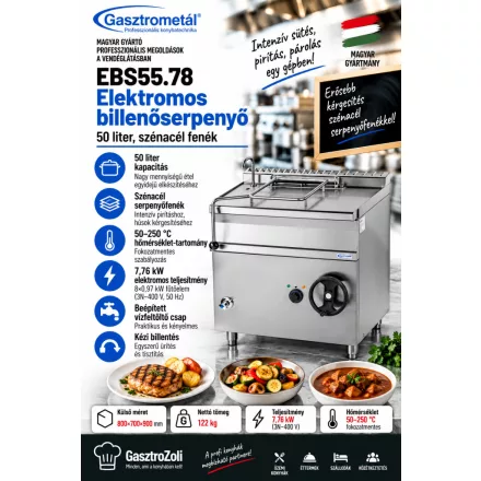 Gasztrometál EBS55.78 elektromos billenőserpenyő – 50 liter, szénacél fenék