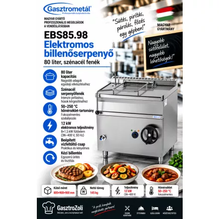 Gasztrometál EBS85.98 elektromos billenőserpenyő – 80 liter, szénacél fenék