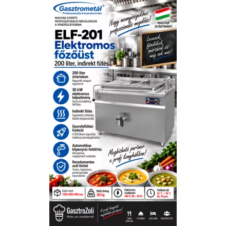 Gasztrometál ELF-201 elektromos főzőüst – 200 liter, indirekt fűtés