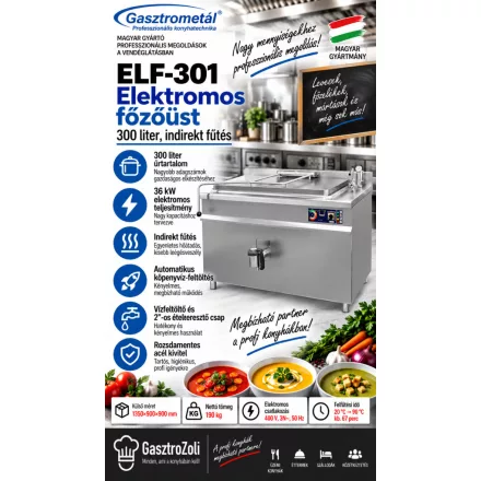 Gasztrometál ELF-301 elektromos főzőüst – 300 liter, indirekt fűtés
