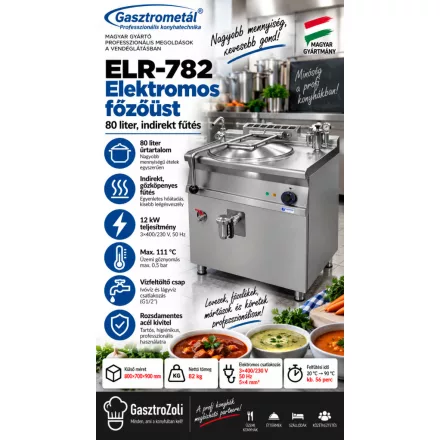 Gasztrometál ELR-782 elektromos főzőüst – 80 liter, indirekt fűtés