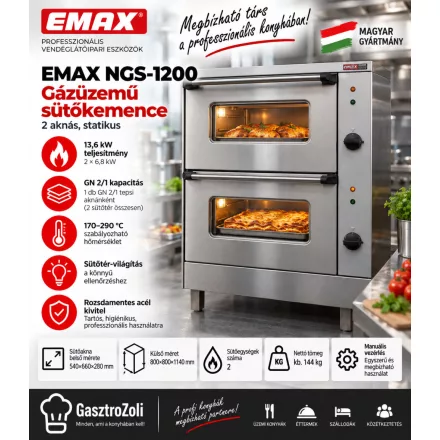EMAX NGS-1200 gázüzemű statikus sütőkemence – 2 aknás, GN 2/1