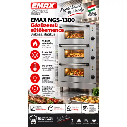 EMAX NGS-1300 gázüzemű statikus sütőkemence – 3 aknás, GN 2/1