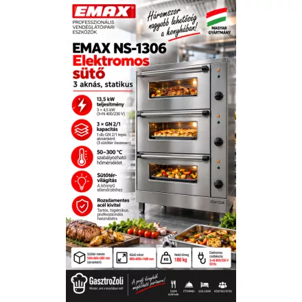 EMAX NS-1306 elektromos statikus sütő – 3 aknás, GN 2/1
