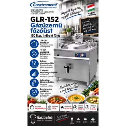 Gasztrometál GLR-152 gázüzemű főzőüst – 150 liter, indirekt fűtés