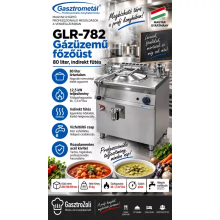 Gasztrometál GLR-782 gázüzemű főzőüst – 80 liter, indirekt fűtés