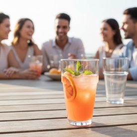 Stadium longdrink pohár 350 ml színes koktéllal, baráti összejövetelen