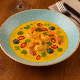 Acquac türkiz 26 cm-es kőporcelán mélytányérban kókusztejes curry garnélával, friss zöldfűszerekkel és piros chili szeletekkel, fine dining tálalásban, elegáns éttermi környezetben.