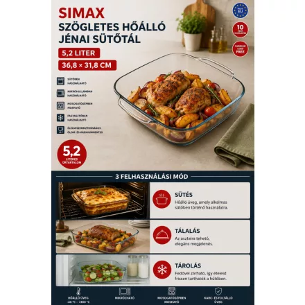 SIMA- hőálló jénai tál, szögletes, 5,2 literes,  36,8-32-7,5cm