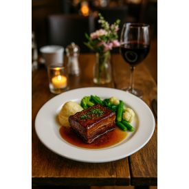 Italia 23 cm-es fehér porcelán lapostányéron szaftos sertésoldalas burgonyapürével és zöldségekkel, elegáns éttermi tálalásban