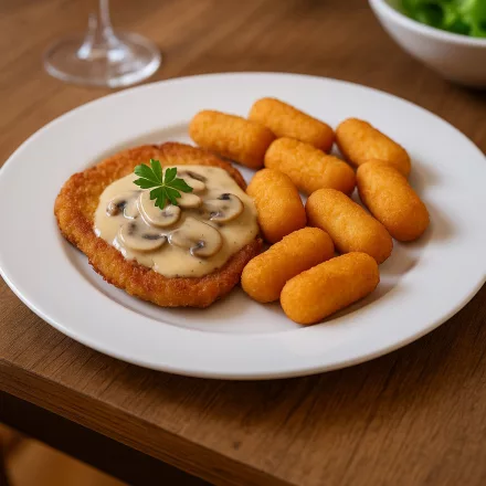 Everyday 26,5 cm-es fehér temperált üveg lapostányéron sertésszelet gombamártással és krokettel, otthonos magyaros bisztróhangulatban, természetes meleg fényekkel.