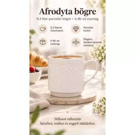 Afrodyta bögre 0,3 liter – fehér porcelánból készült, klasszikus formájú bögre, 6 darabos csomagban, mindennapi használatra és vendéglátóhelyekre