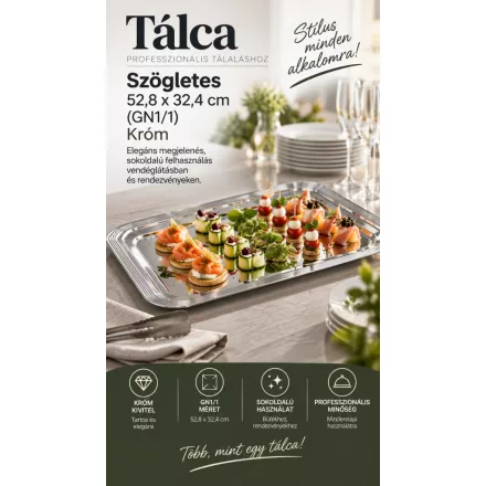 Krómozott szögletes tálca GN 1/1 – 52,8×32,4 cm