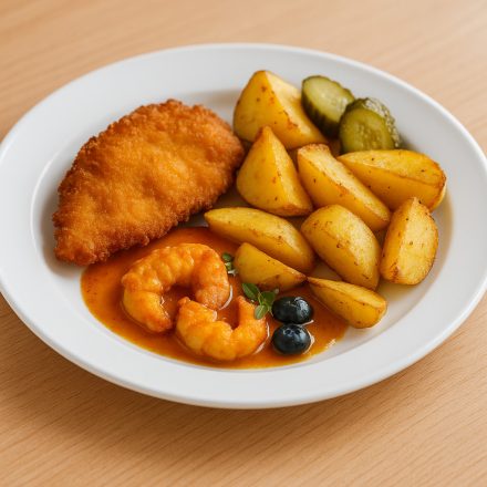 Polikarbonát, törhetetlen 25 cm-es fehér lapostányéron rántott csirke sült burgonyával és savanyúsággal, gusztusos catering tálalásban, természetes fényű éttermi környezetben.