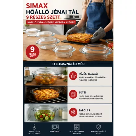 Hőálló jénai tál, 9 részes szett, Simax