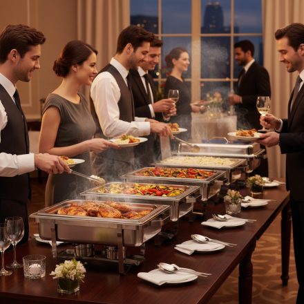 büfé asztal chafing edényekkel vendégek kiszolgálására