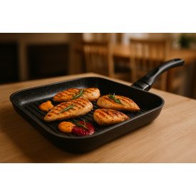 Bio Stone 28x28 cm-es grill serpenyőben aranybarnára pirult csirkemellfilék rozmaringággal és grillezett zöldségekkel, természetes fényű modern konyhai környezetben.