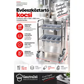   Evőeszköztartó kocsi, 3 polcos, 630*400*980 mm, rozsdamentes