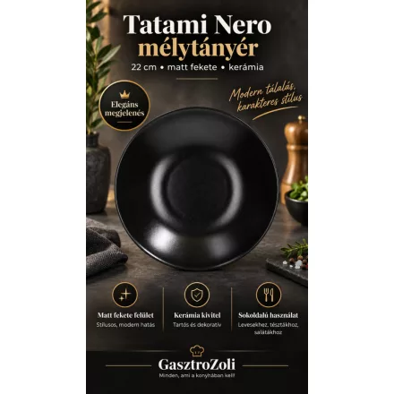 Tatami Nero mélytányér, 22 cm, fekete, kerámia