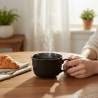 Tatami Nero fekete bögre 450 ml frissen főzött kávéval, reggeli hangulatban