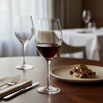 Burgundy boros pohár vörösborral, 580 ml-es Vicrila pohár prémium éttermi környezetben