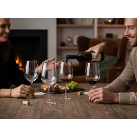 „Malbec vörösboros Vicrila kehely otthoni vacsoraasztalon, két személyre terítve, romantikus hangulatban.”