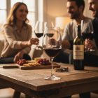 „Malbec vörösboros Vicrila kehely modern borbárban, borospalackkal és sajttállal, hangulatos fényekkel.”