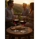 „Malbec vörösboros Vicrila kehely elegáns éttermi környezetben, gyertyafénynél, prémium tálalással.”