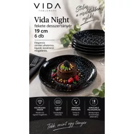 Vida Night fekete porcelán tányér világos panna cottával és fehér öntettel, elegáns oldalsó desszert tálalásban