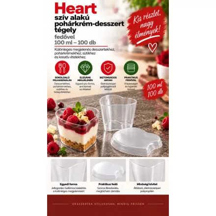 Heart szív alakú pohárkrém-desszert tégely fedővel, 100 ml – 100 db