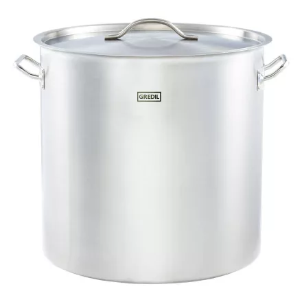 Gredil Rozsdamentes Ipari Magas Fazék Fedővel, 71,6 l, 45 cm – Erősített Peremű, Szendvicstalpas, Indukciós Tall Pot Nagykonyhai Használatra