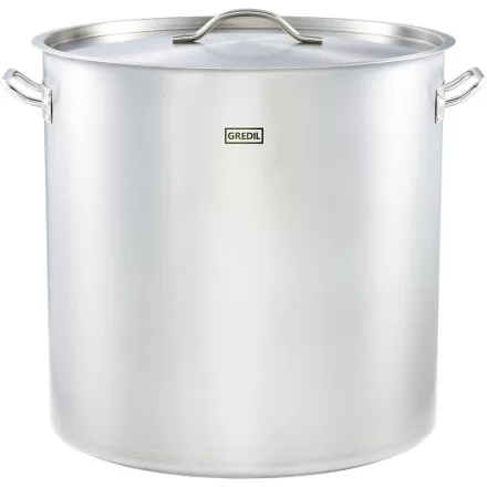 Gredil Rozsdamentes Ipari Magas Fazék Fedővel, 98,2 l, 50 cm – Erősített Peremű, Szendvicstalpas, Indukciós Tall Pot Nagykonyhai Használatra