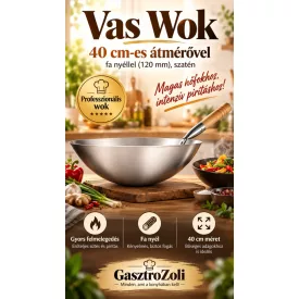 Vas Wok 40 cm-es átmérővel, fa nyéllel (120 mm), szatén