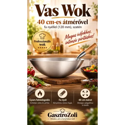 Vas Wok 40 cm-es átmérővel, fa nyéllel (120 mm), szatén
