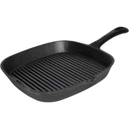 Öntöttvas grill serpenyő, 23×23 cm, bordázott felülettel és kiöntőcsőrrel