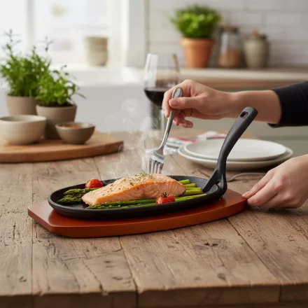 Ovális öntöttvas tálaló serpenyő fa alátéttel steakhez