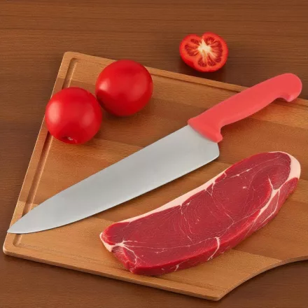 Szakácskés 25 cm penge piros nyéllel – HACCP kompatibilis, vörös húsokhoz és nyers húsokhoz