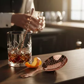 High-quality product lifestyle photography. A professional copper Julep bar strainer from image_baf12a.png with a glossy metallic finish is resting next to a heavy crystal mixing glass and a matching 