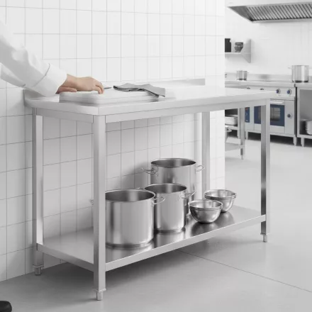 Erősített Munkalapos Rozsdamentes Fali Munkaasztal Alsó Polccal, 1500x600x850 mm