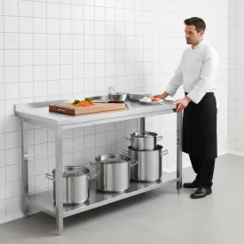   Erősített Munkalapos Rozsdamentes Fali Munkaasztal Alsó Polccal, 1500x700x850 mm