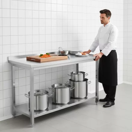 Erősített Munkalapos Rozsdamentes Fali Munkaasztal Alsó Polccal, 1500x700x850 mm