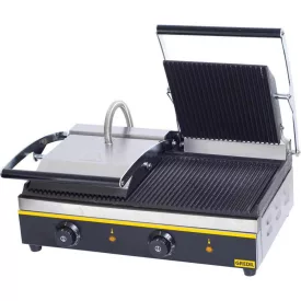   Gredil Professzionális Dupla Kontaktgrill, 3.6 kW, 230 V – Kétzónás, Rozsdamentes Acél Ház, Tisztítókefével