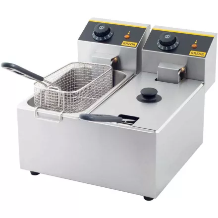 Gredil Professzionális Kétaknás Olajsütő, 2x3 l (6 l), 4.4 kW, 230 V – Rozsdamentes Acél, Kivehető Medencékkel