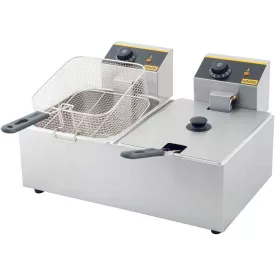   Gredil Professzionális Kétaknás Olajsütő, 2x5 l (10 l), 6.4 kW, 230 V – Rozsdamentes Acél, Kivehető Medencékkel