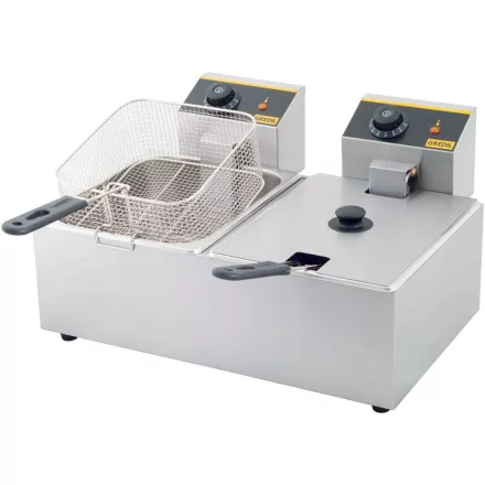 Gredil Professzionális Kétaknás Olajsütő, 2x5 l (10 l), 6.4 kW, 230 V – Rozsdamentes Acél, Kivehető Medencékkel