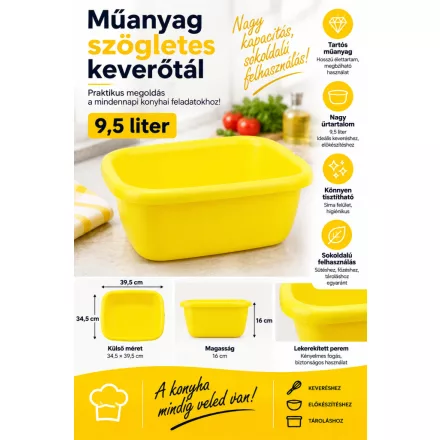 Sárga műanyag szögletes keverőtál 9,5 liter, 34,5x39,5x16 cm
