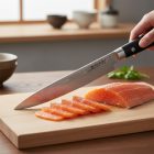 Damaszk acél szeletelő kés lazac és hal precíz szeleteléséhez